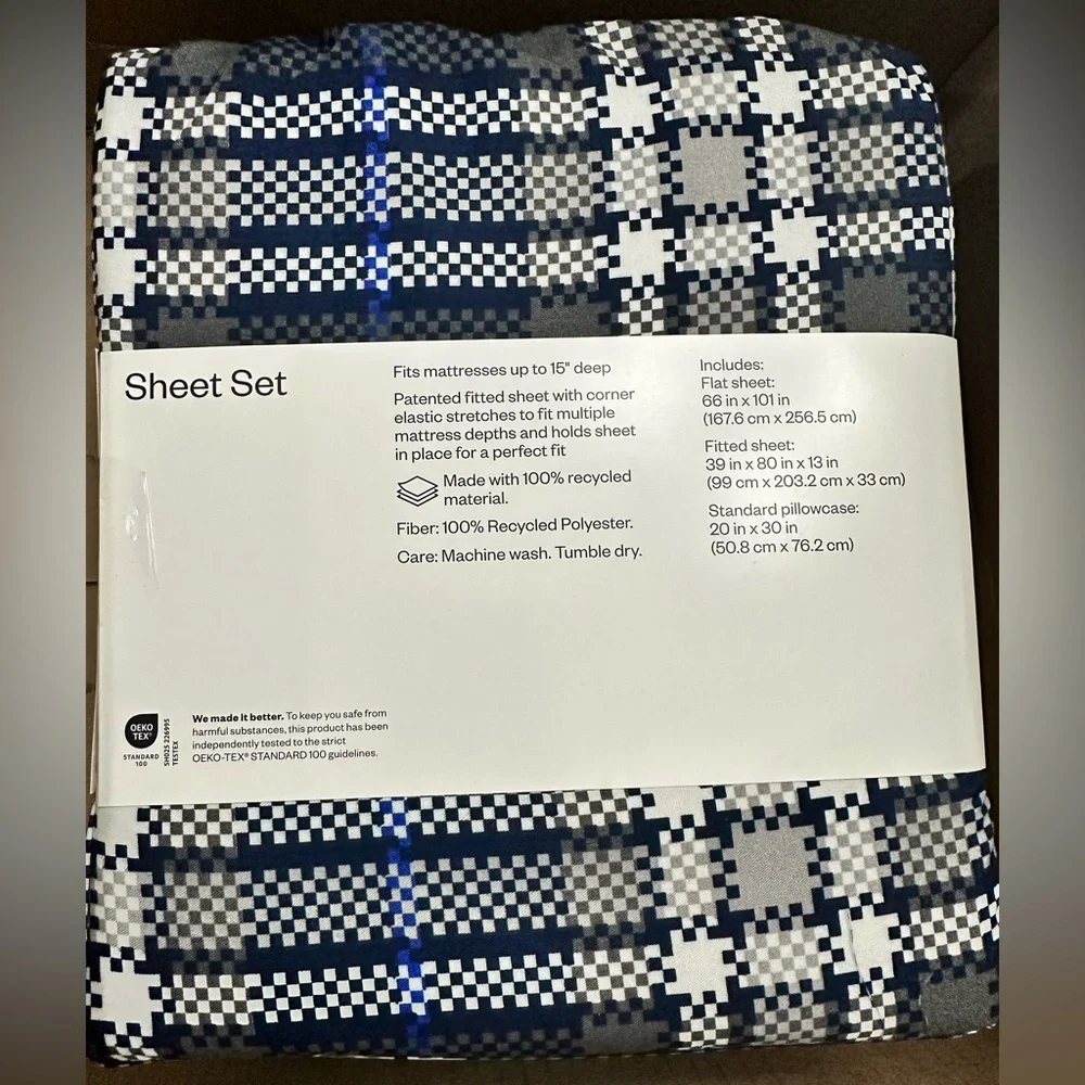 Room Essentials Blue Plaid Microfiber Sheet Set – Twin / Twin XL